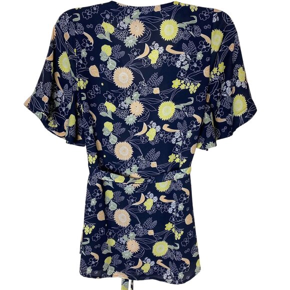 ModCloth Floral Blouse 1X Navy Button Front Tie Waist Boho Cottagecore Top - Picture 2 of 8